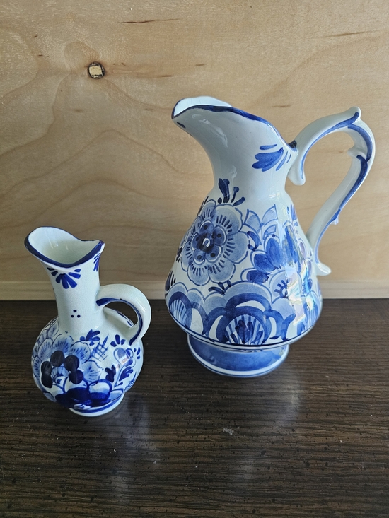 Delft Blue Other - Vtg Delfts Hand Painted Blue & White Floral Ceramic Pitcher Jug Set 2